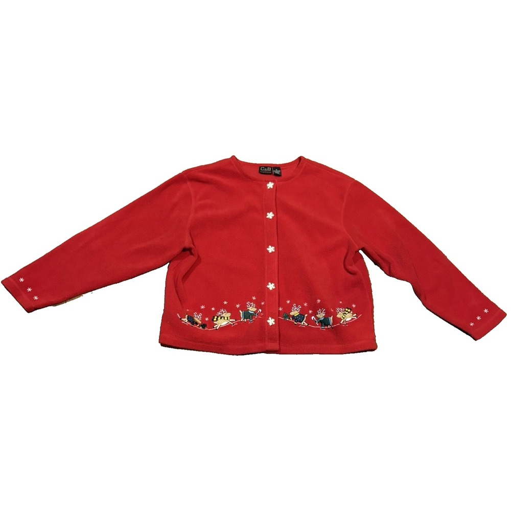Women's Ugly Christmas Sweater Cardigan XL‎ Red C&B Sport Snowflake Embroidered